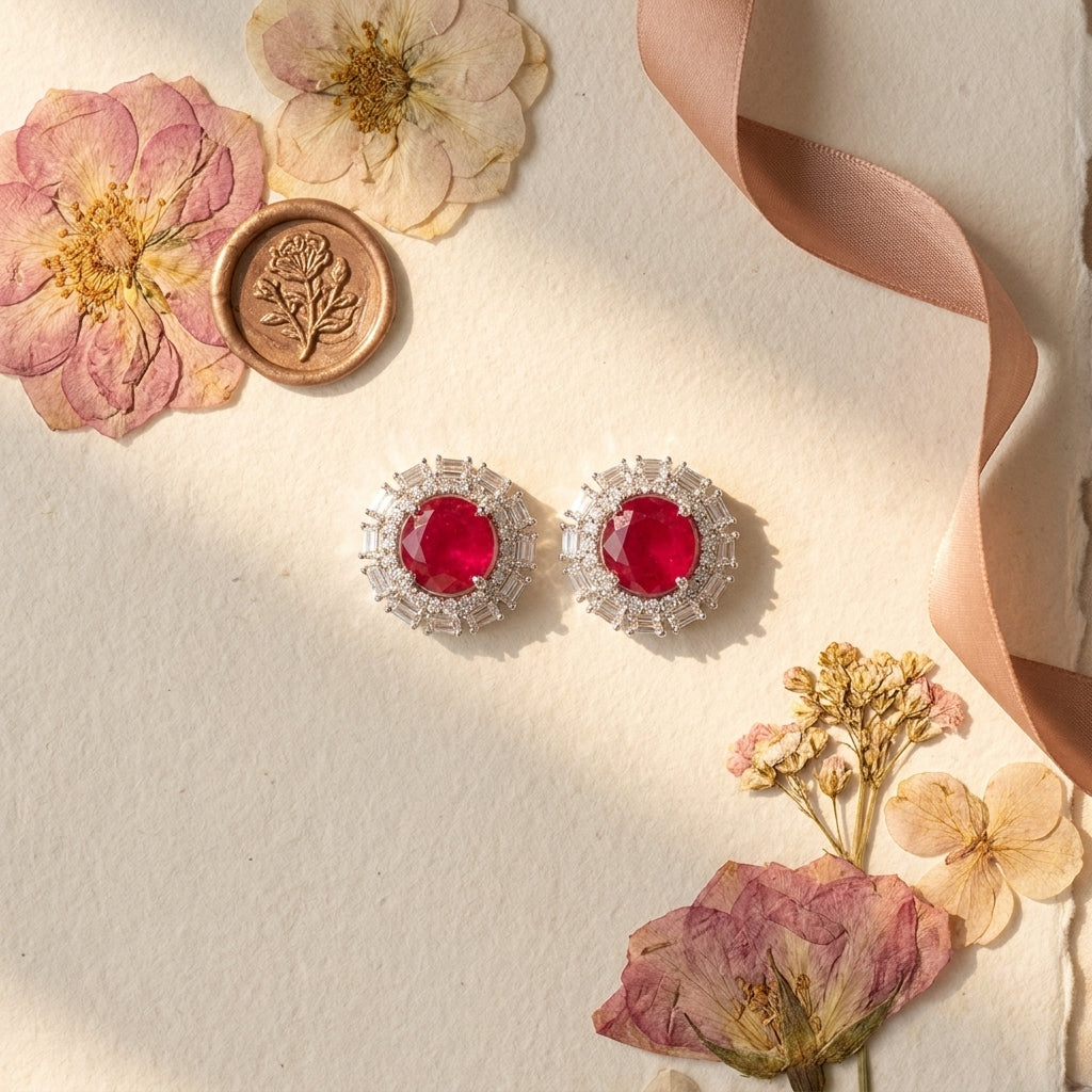Ruby Red Floral Halo Earrings - Tabletop