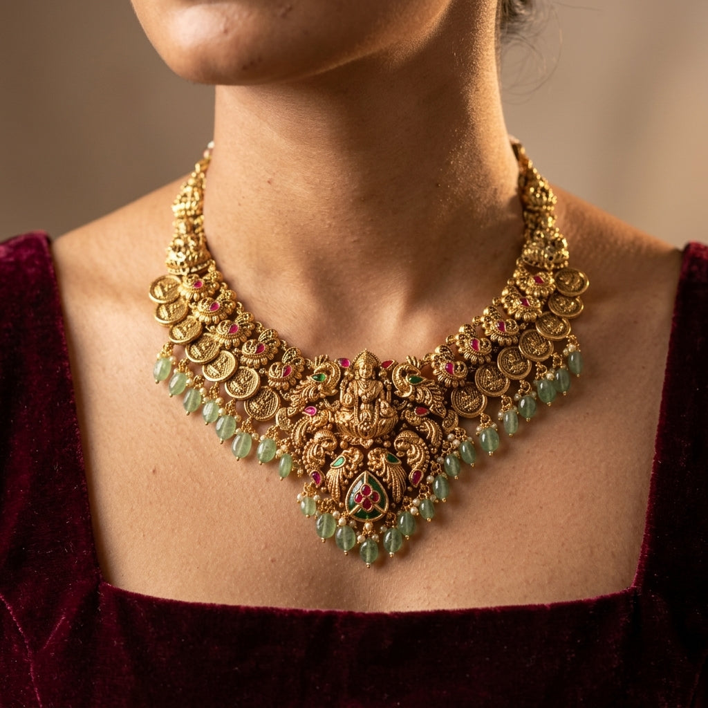 Multi Temple Coin Peacock Necklace Set - Model