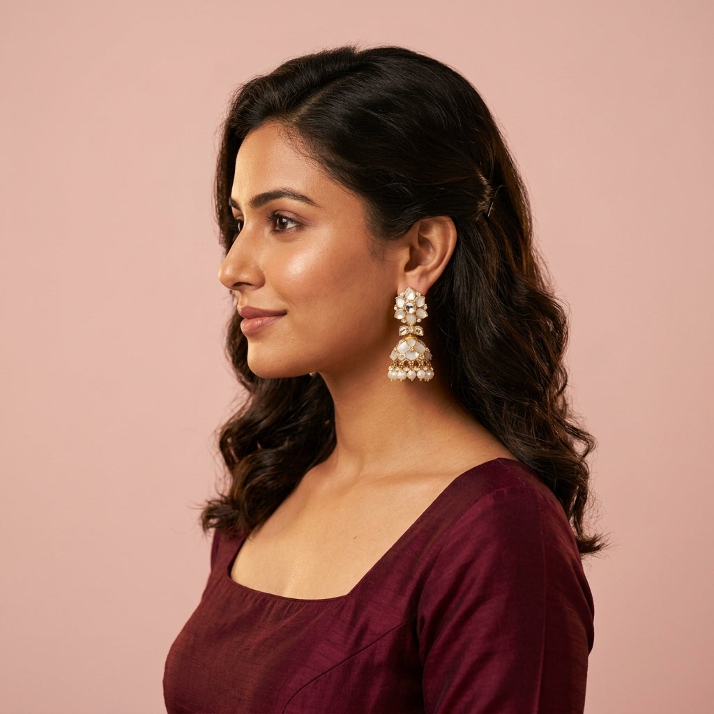 White Floral Jhumka Earrings - Model