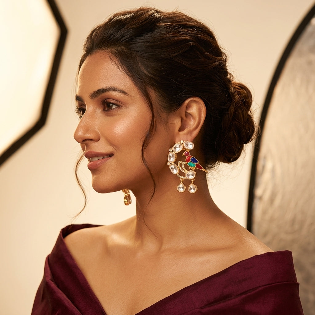 Multi Parrot Polki Earrings - Model