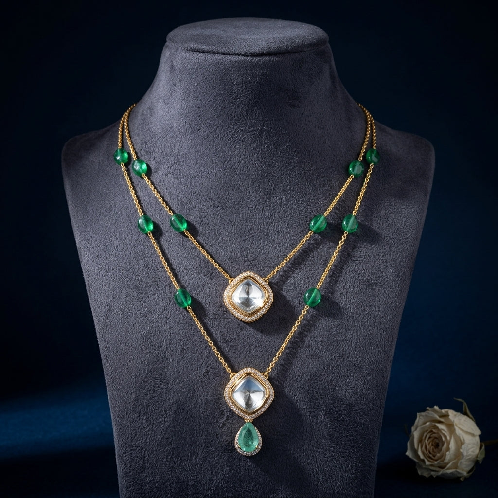 Green Rajwadi Polki Necklace Set - Mannequin