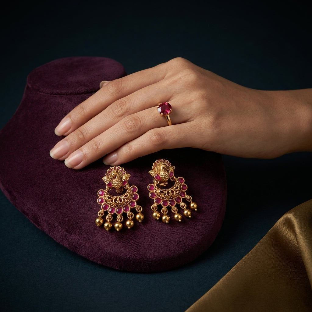 Ruby Peacock Chandbali Earrings - Mannequin