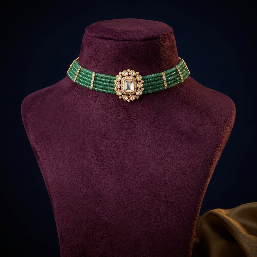 Green White Kundan Choker Set - Mannequin
