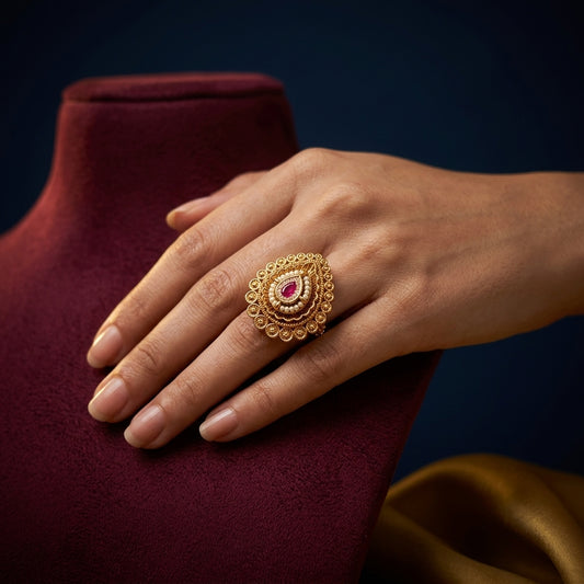 Ruby and White Teardrop Filigree Ring - Mannequin