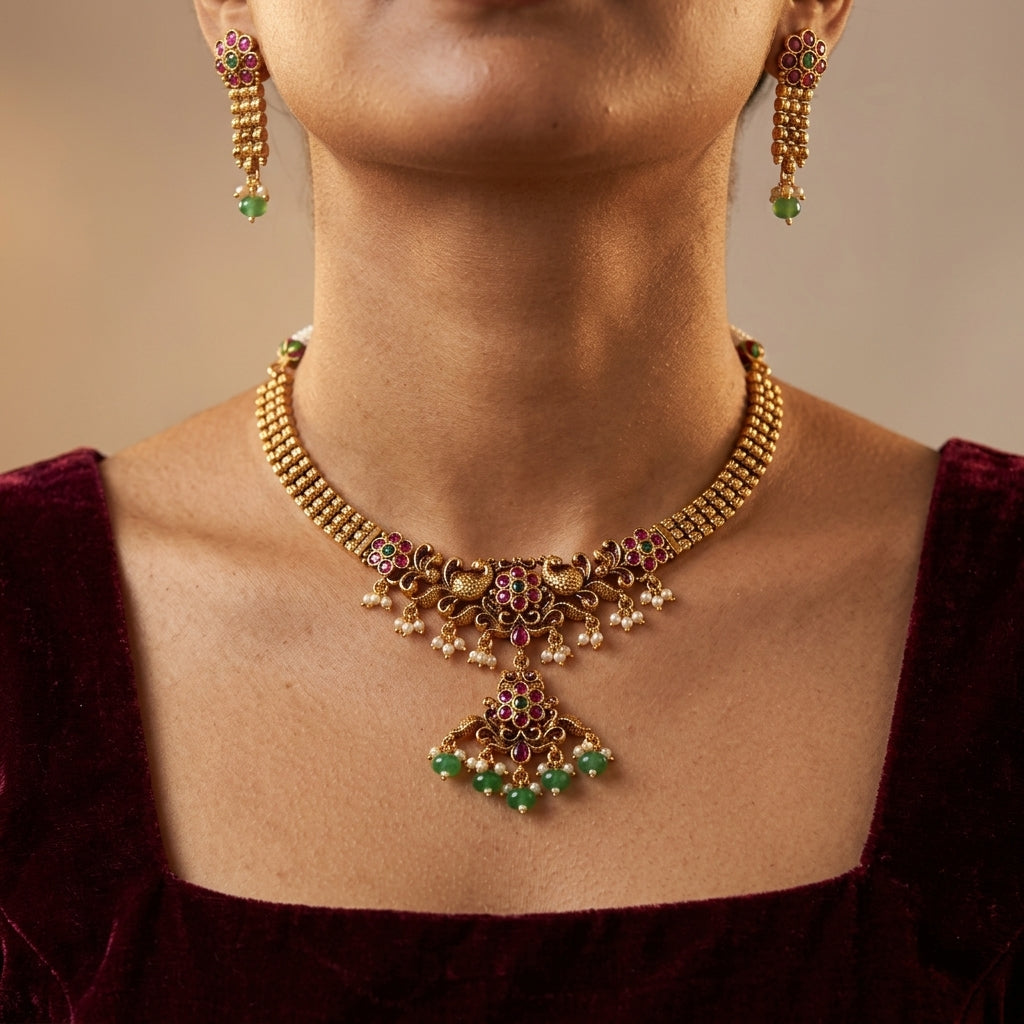 Multi Peacock Floral Necklace Set - Model