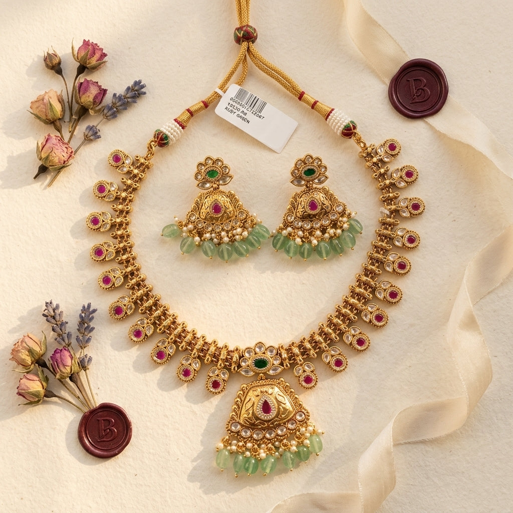 Ruby and Green Traditional Motif Necklace Set - Tabletop