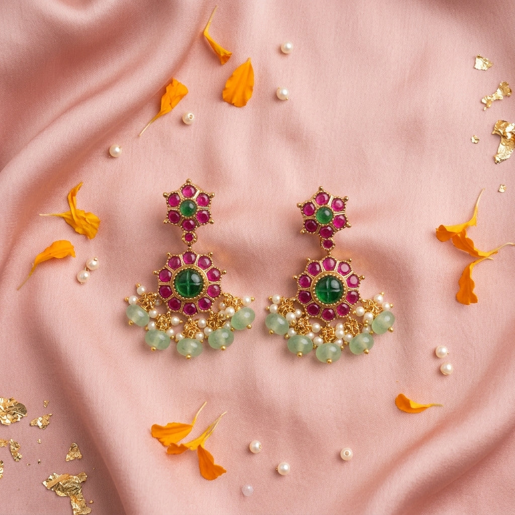 Ruby and Green Floral Cluster Earrings - Tabletop