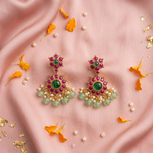 Ruby and Green Floral Cluster Earrings - Tabletop
