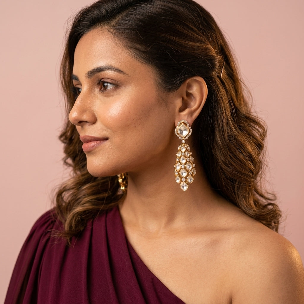 White Geometric Polki Cluster Earrings - Model