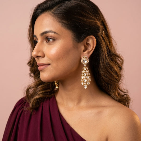 White Geometric Polki Cluster Earrings - Model
