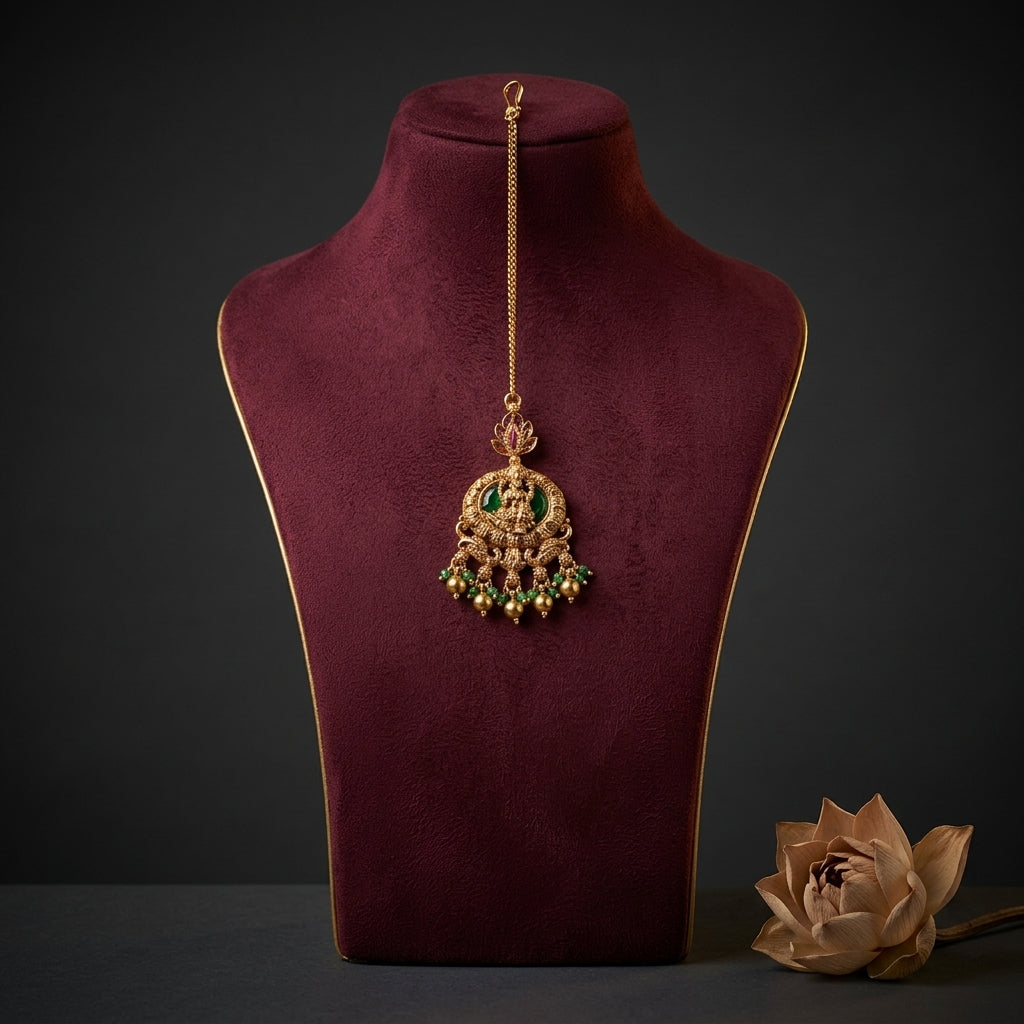 Green Temple Deity Maang Tikka - Mannequin