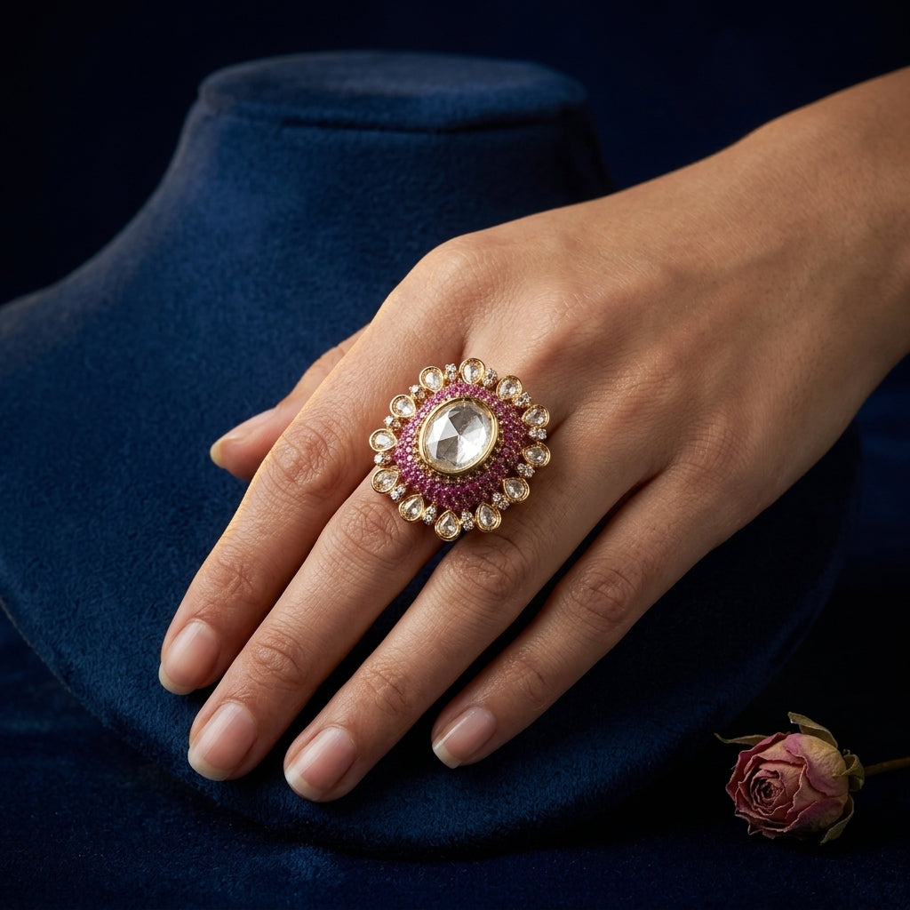 White and Ruby Floral Cluster Ring - Mannequin