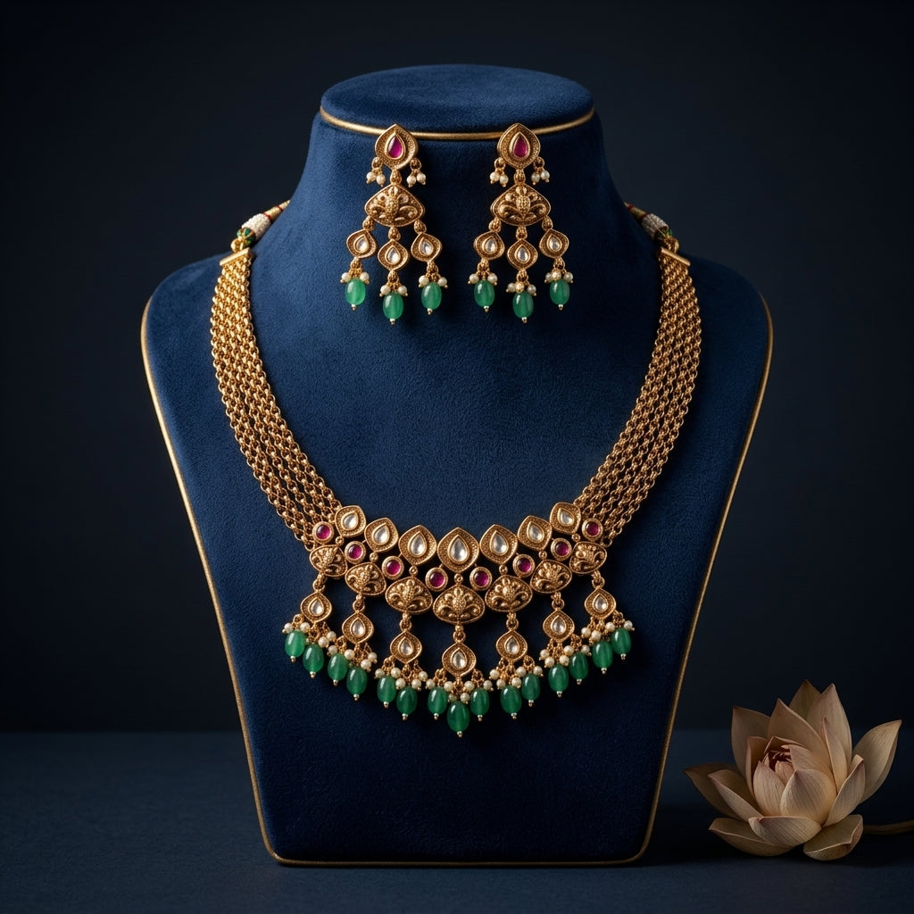 Multi Floral Kundan Necklace Set - Mannequin
