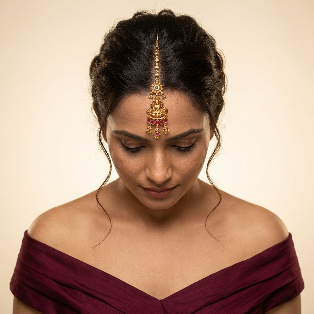 Ruby and Green Temple Floral Maang Tikka - Model