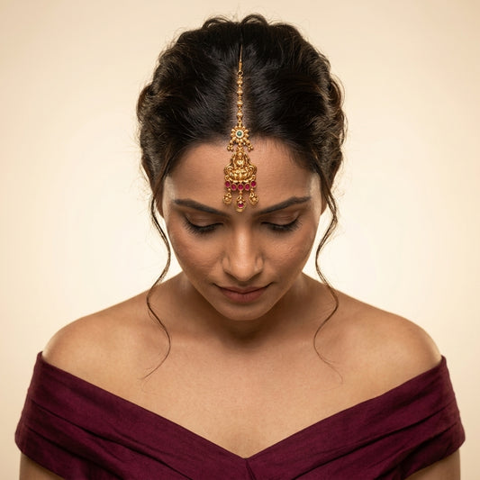 Ruby and Green Temple Floral Maang Tikka - Model