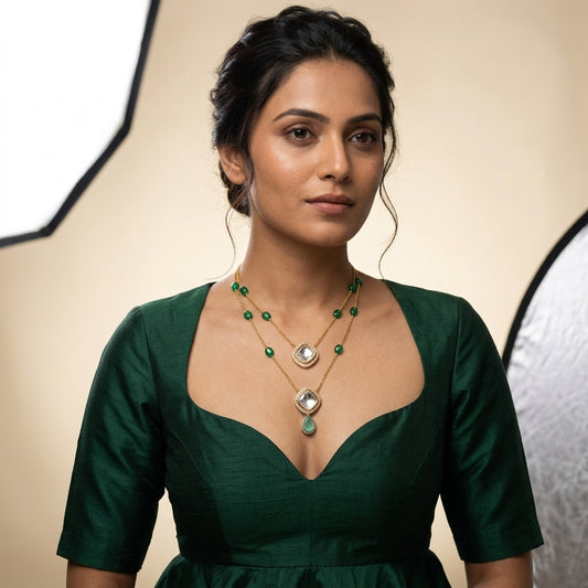 Green Rajwadi Polki Necklace Set - Model