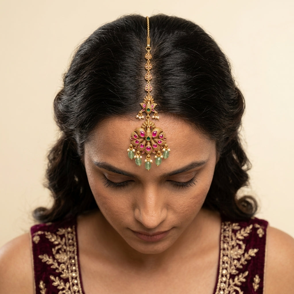 Multi Peacock Motif Maang Tikka - Model
