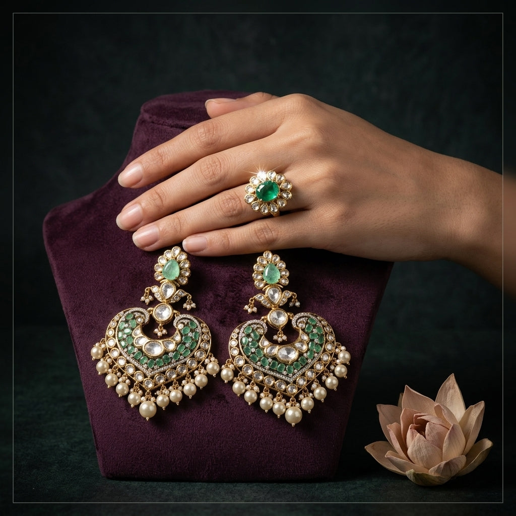 Green Mint Heritage Kundan Earrings - Mannequin