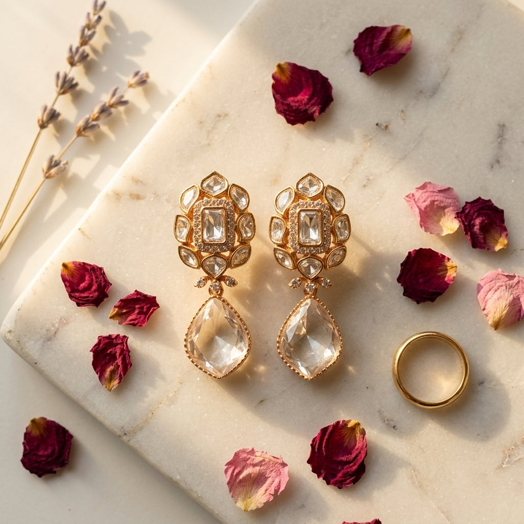 White Floral Cluster Drop Earrings - Tabletop
