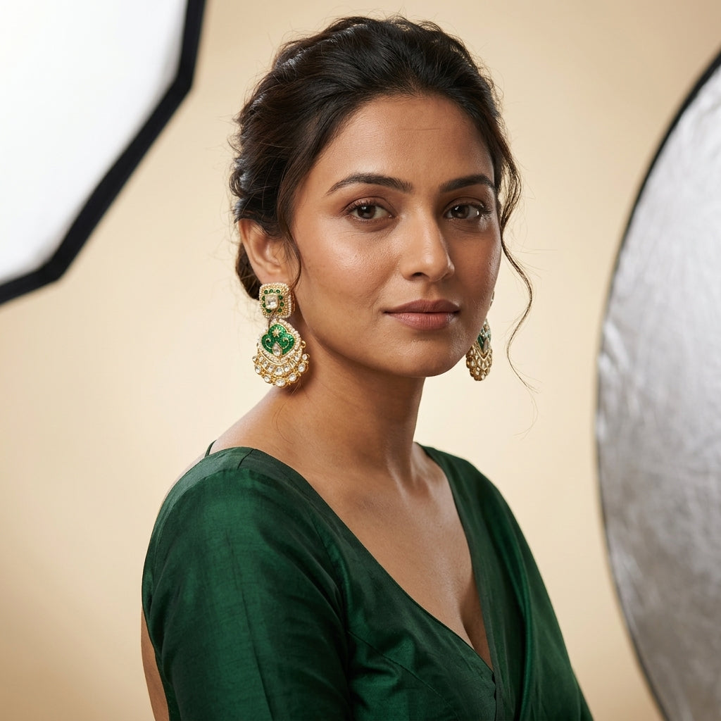 Green White Kidia Kundan Earrings - Model