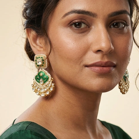 Green White Kidia Kundan Earrings - Model