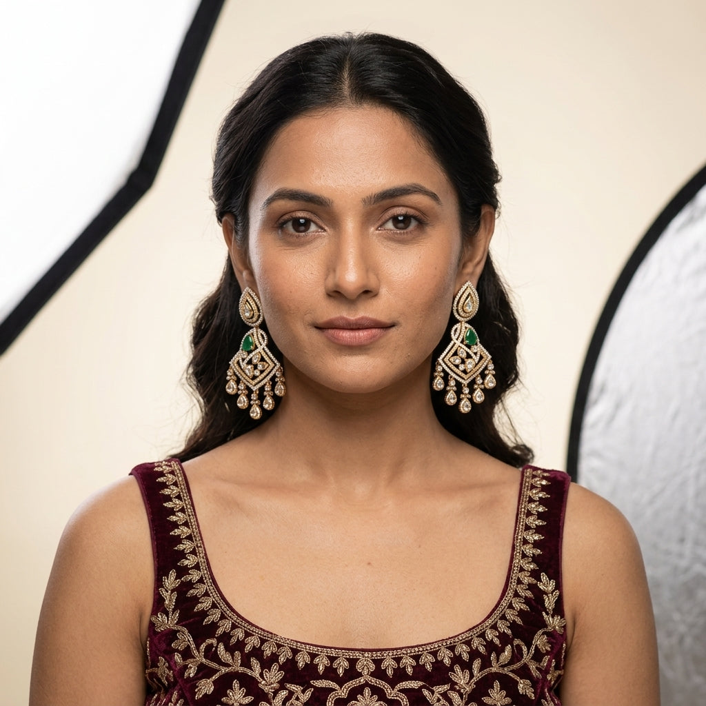 Green Heritage Kundan Earrings - Model