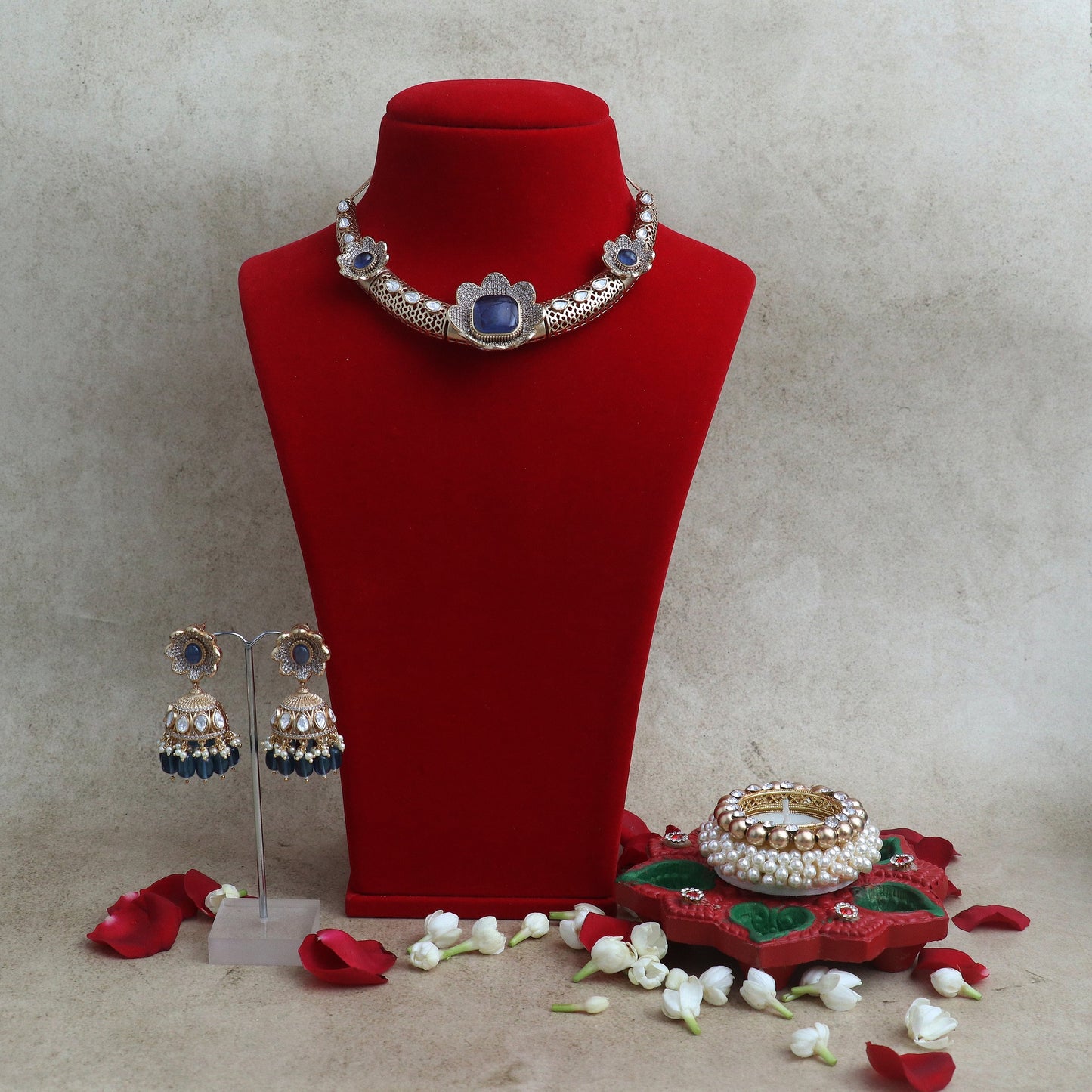 Royal Blue Kundan Floral Choker Set with Jhumka Earrings