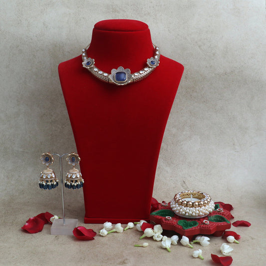 Royal Blue Kundan Floral Choker Set with Jhumka Earrings