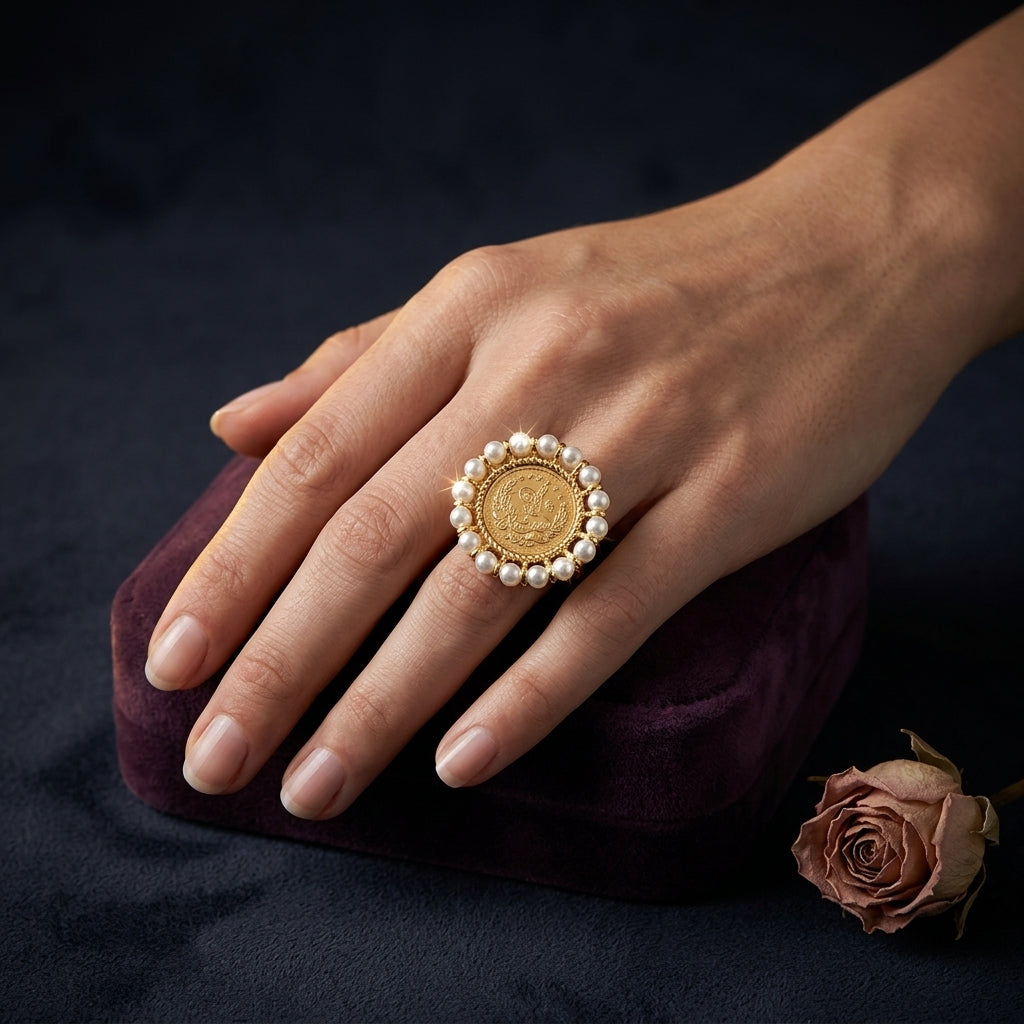 White Imperial Coin Pearl Halo Ring - Mannequin