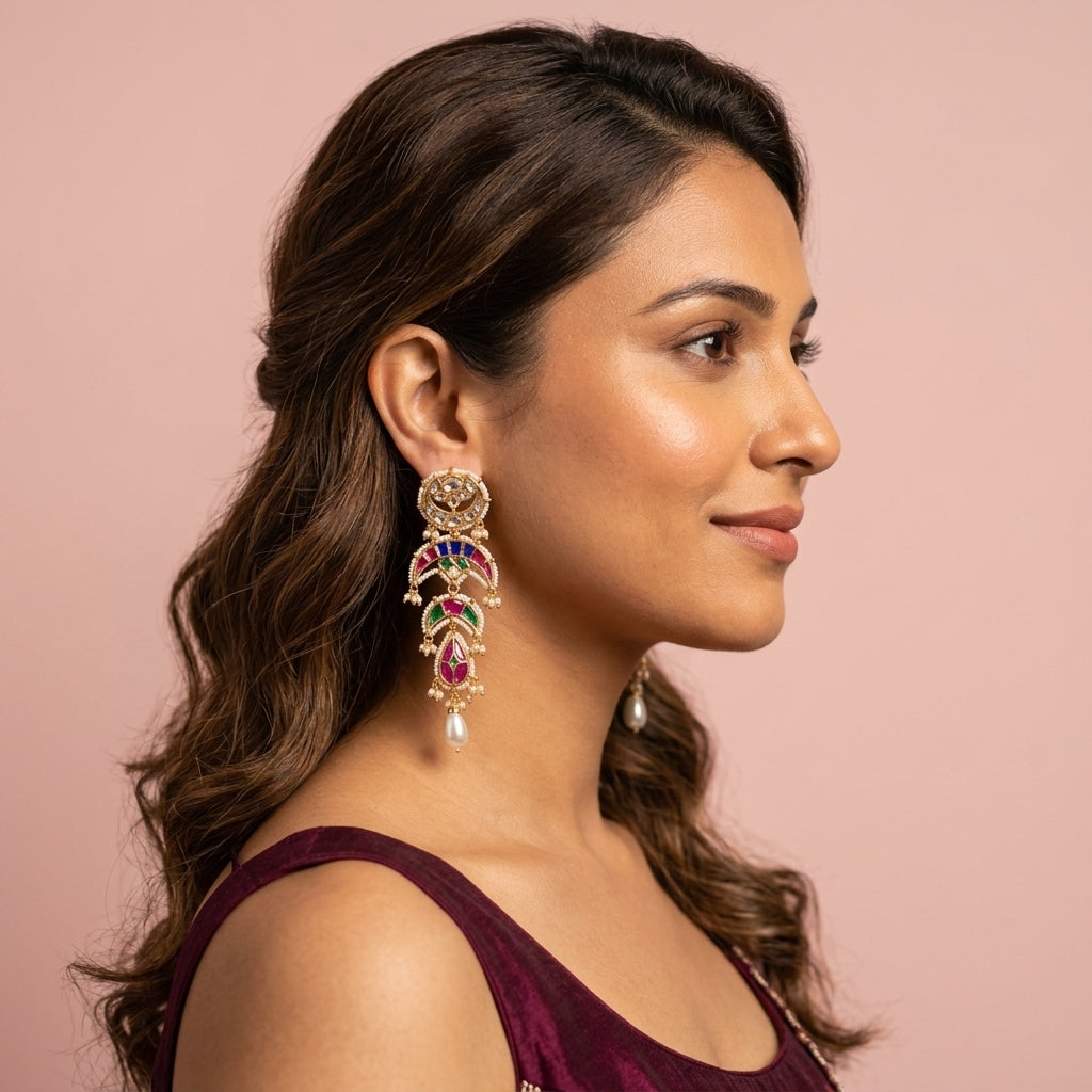 Multi Tiered Meenakari Crescent Earrings - Model
