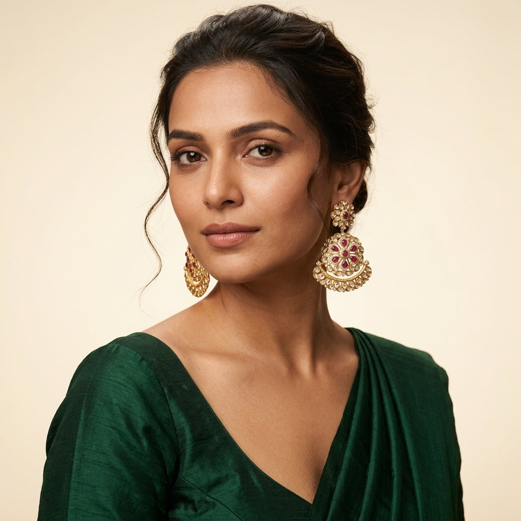 Ruby White Mughal Kundan Chandbali Earrings - Model