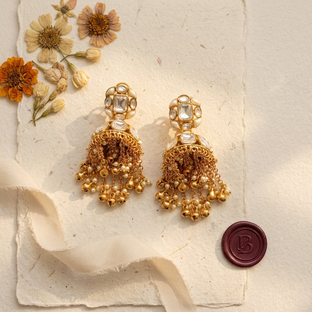 Pearl White Heritage Kundan Jhumka Pair - Tabletop
