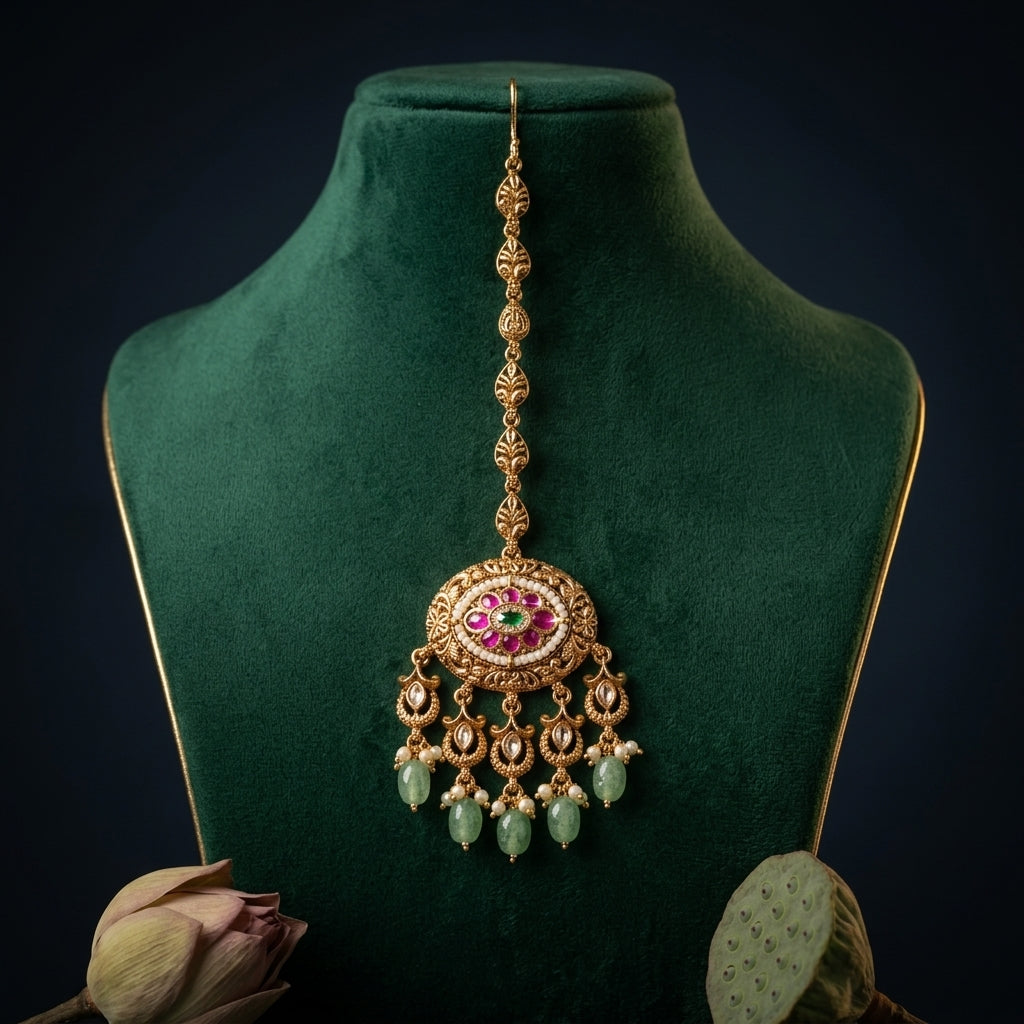 Ruby Green Floral Maang Tikka - Mannequin