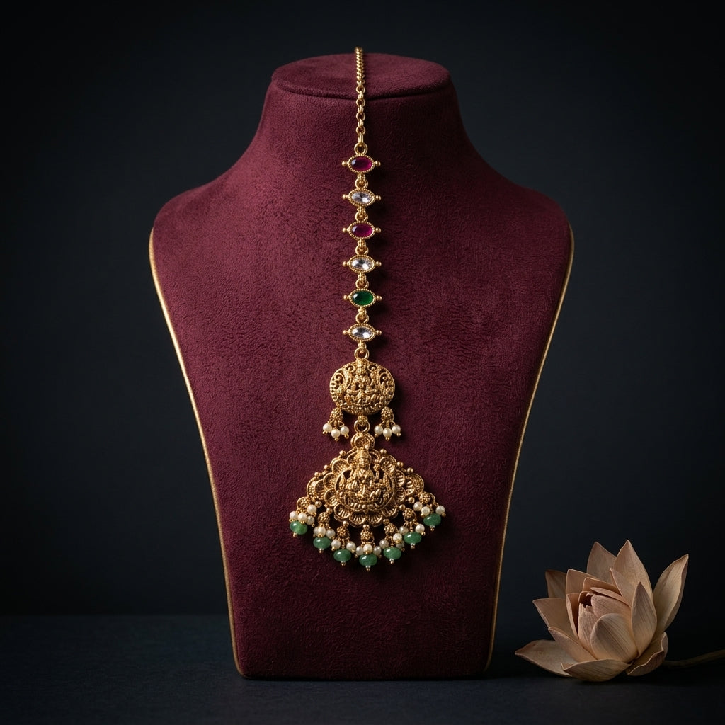 Ruby Green Temple Engraved Maang Tikka - Mannequin