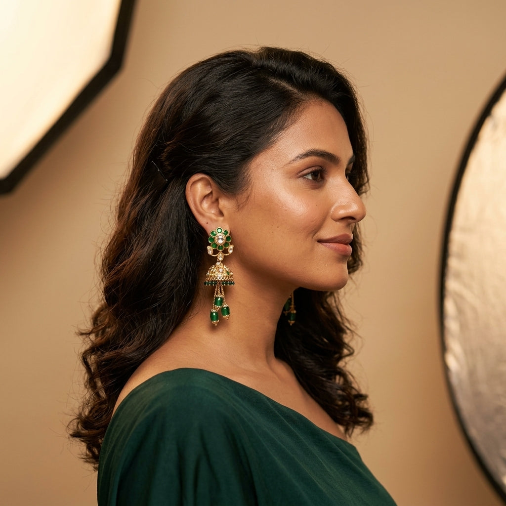 Green and Clear Floral Jhumka Earrings - Model