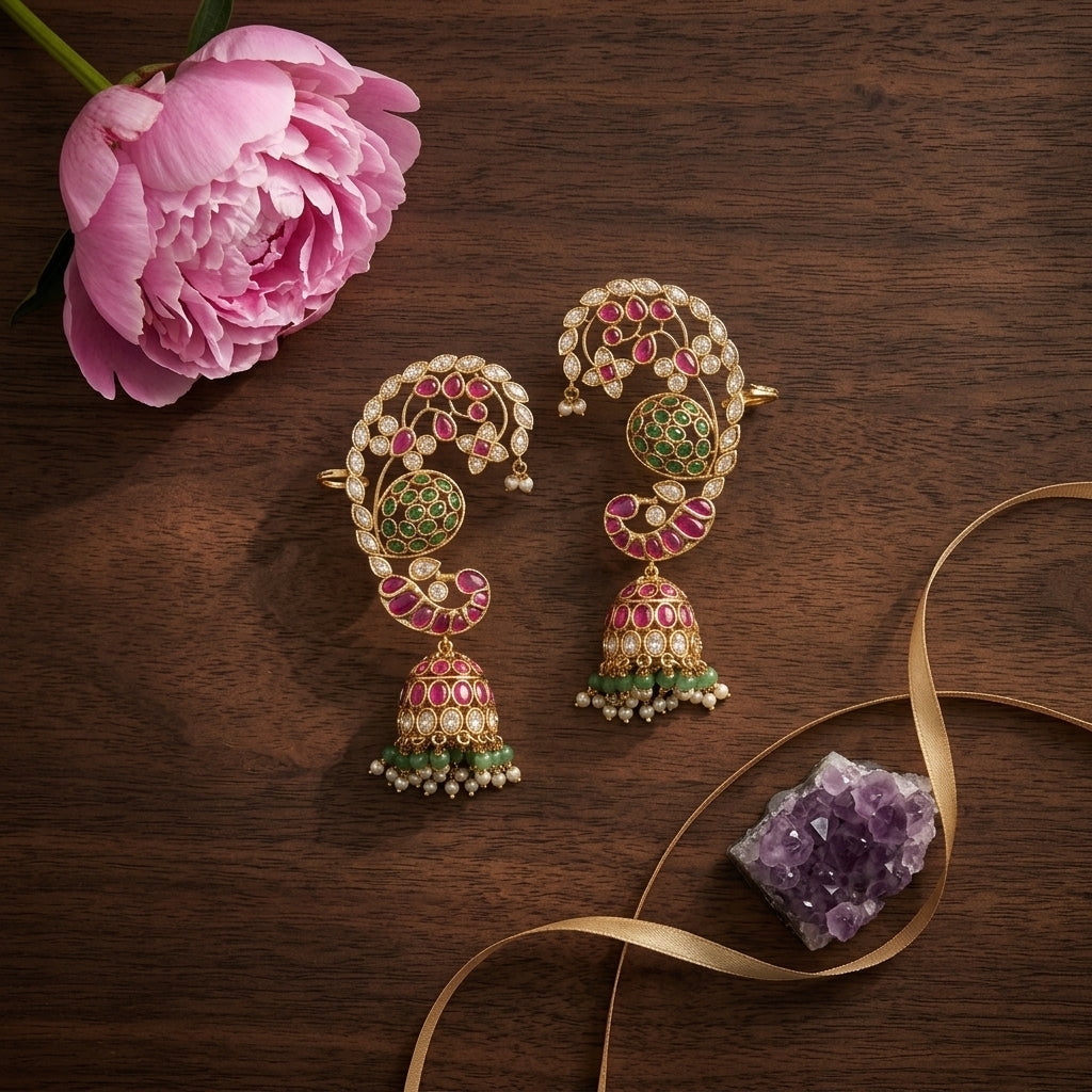 Ruby Green Pearl Heritage Kundan Earrings - Tabletop