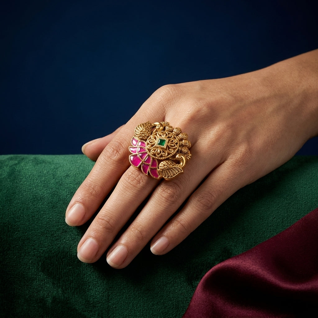 Ruby Green Peacock Floral Ring - Mannequin