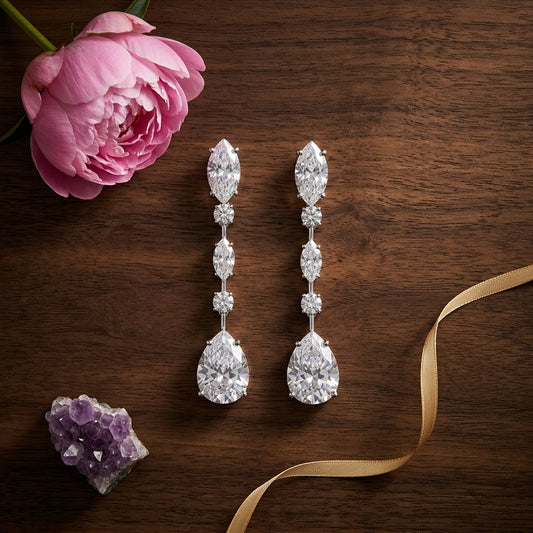 White Mixed Cut Linear Drop Earrings - Tabletop
