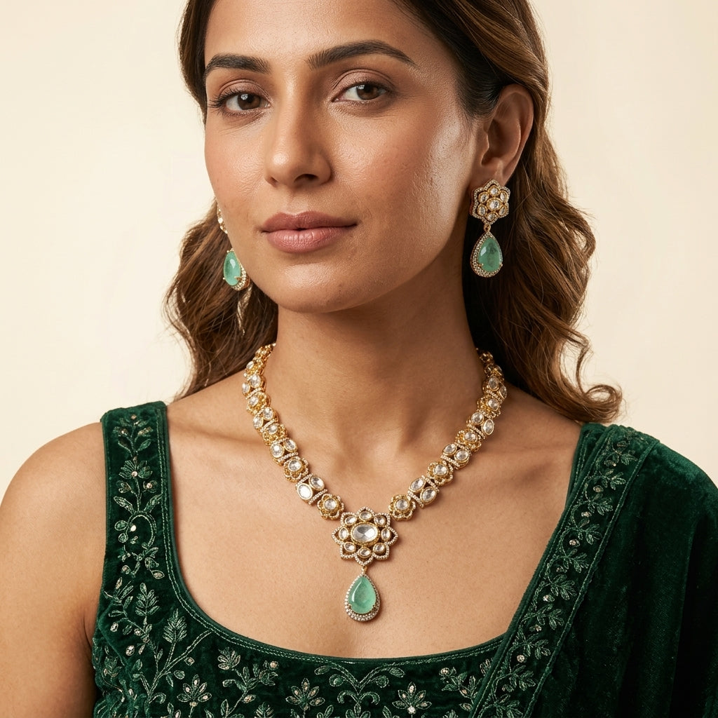 White and Mint Floral Cluster Necklace Set - Model