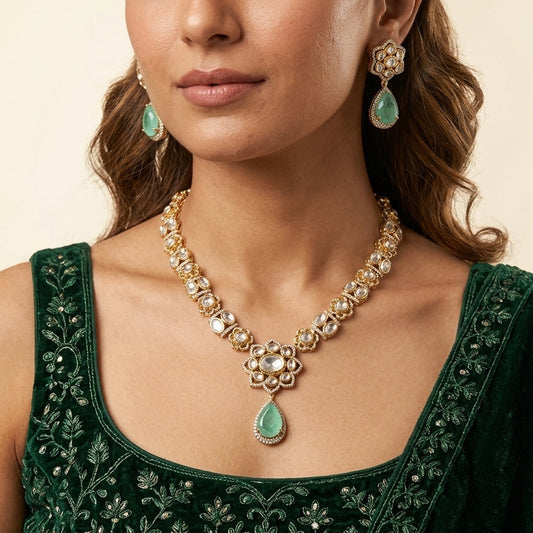 White and Mint Floral Cluster Necklace Set - Model