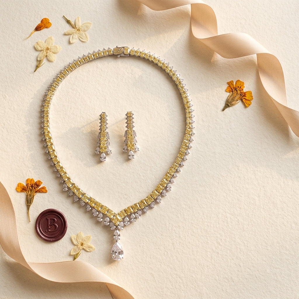 Yellow Linear V-drop Necklace Set - Tabletop