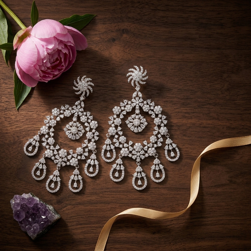 White Intricate Floral Chandbali Earrings - Tabletop