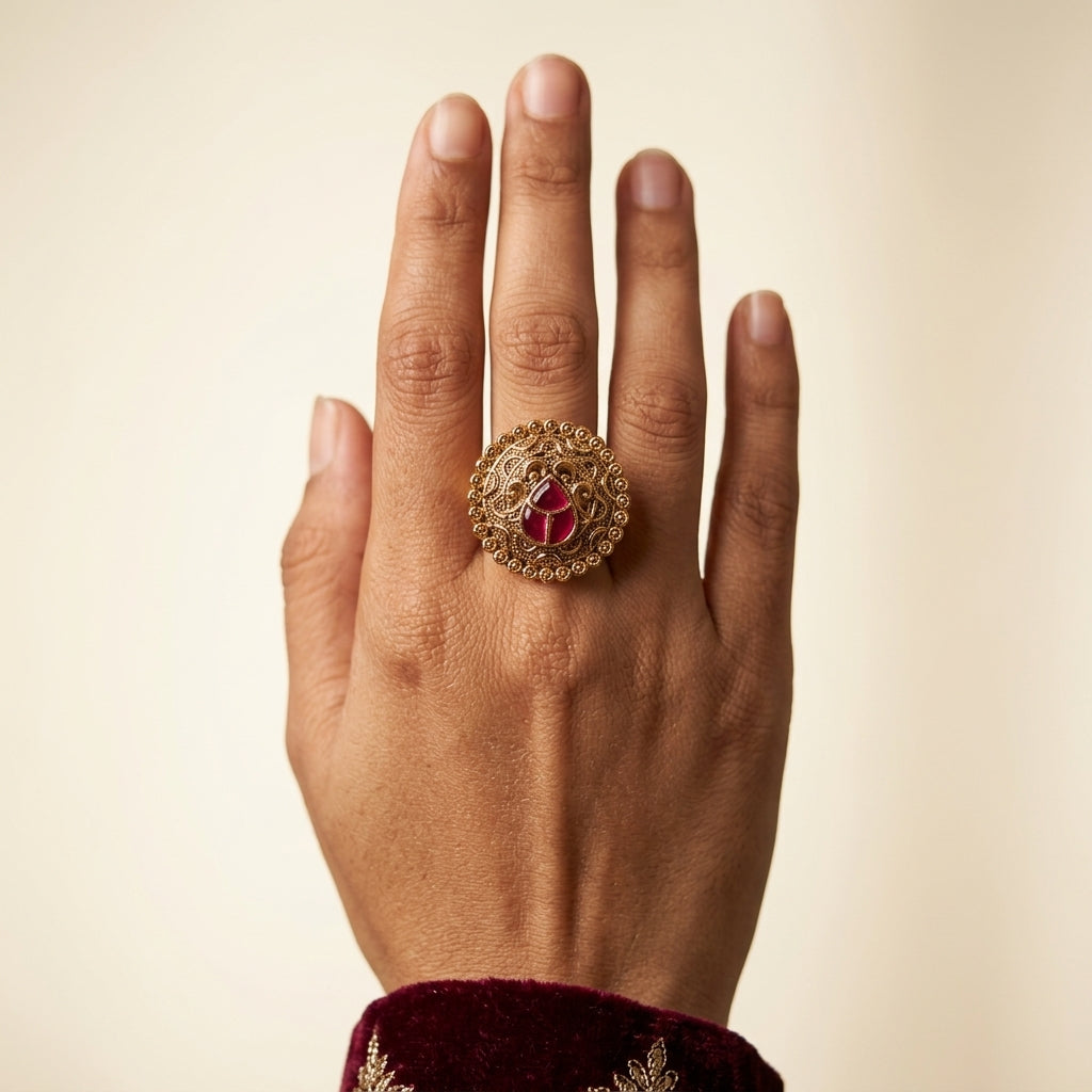 Ruby Ornate Filigree Ring - Model