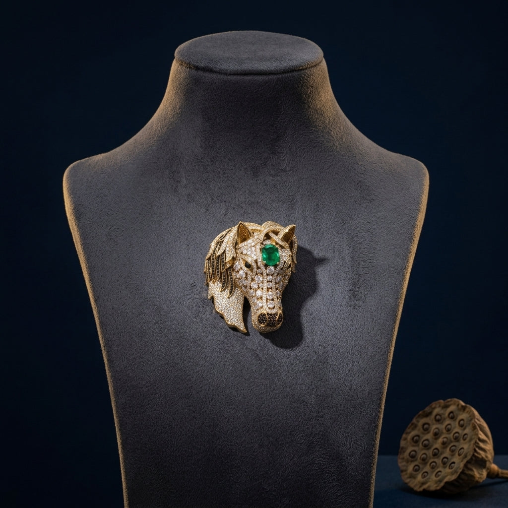 Green and Clear Horse Head Brooch - Mannequin