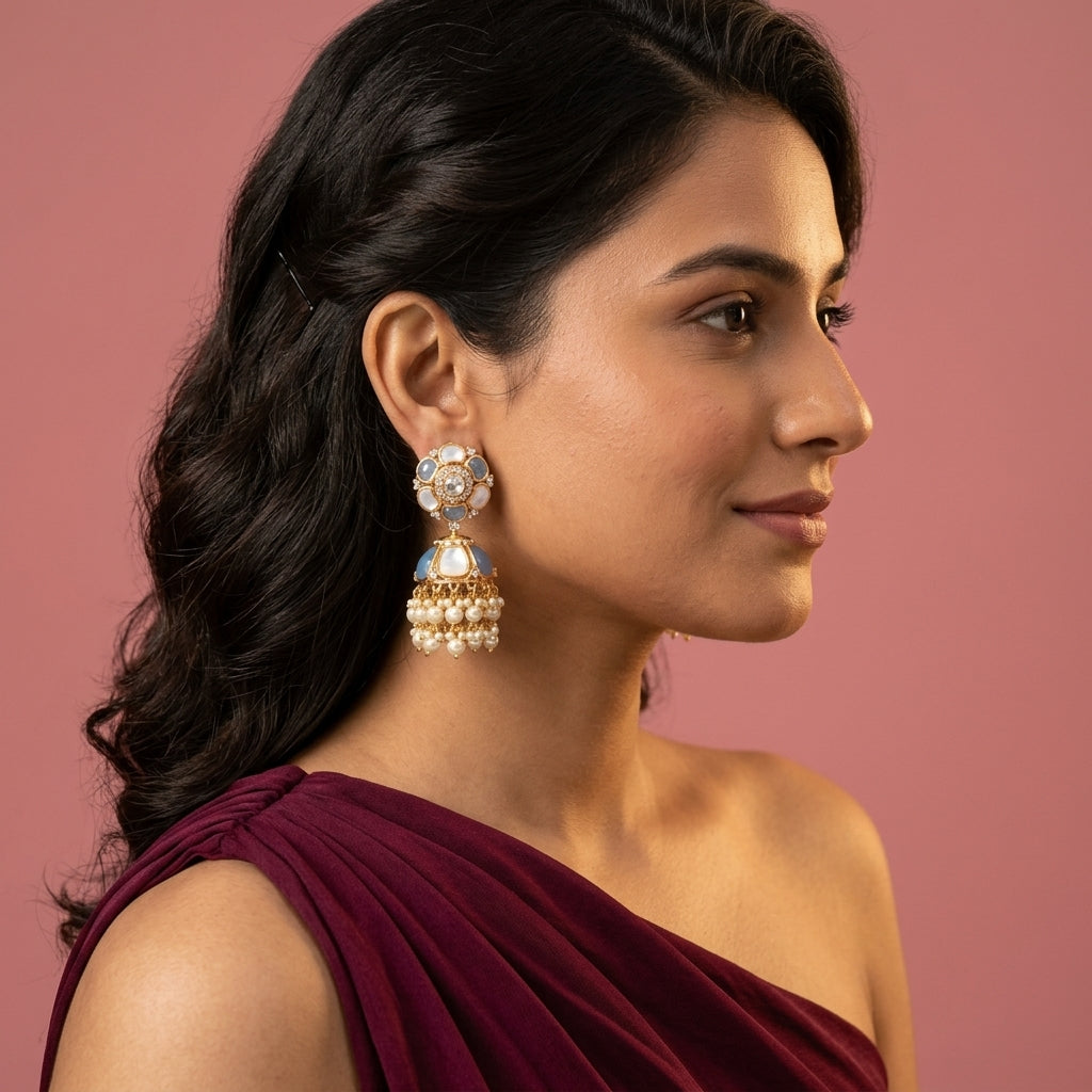 Multi Floral Jhumka Earrings - Model