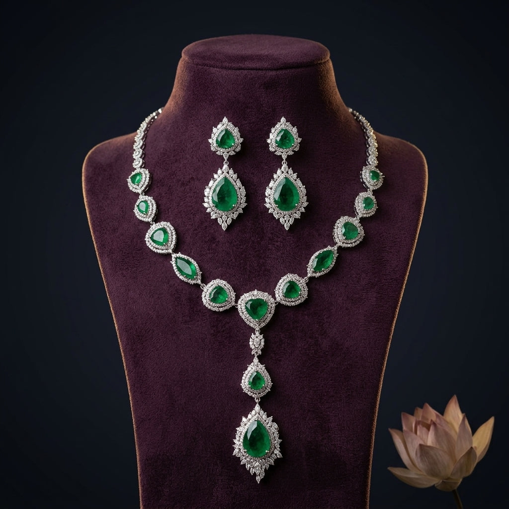 Green and Clear Tear-drop Cluster Necklace Set - Mannequin