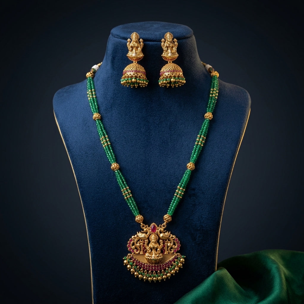 Green and Ruby Temple Deity Peacock Necklace Set - Mannequin