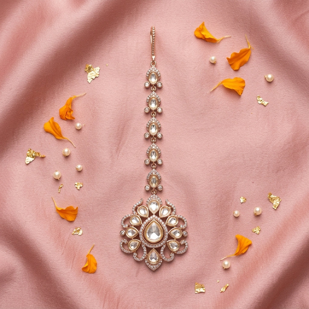 White Floral Polki Cluster Maang Tikka - Tabletop