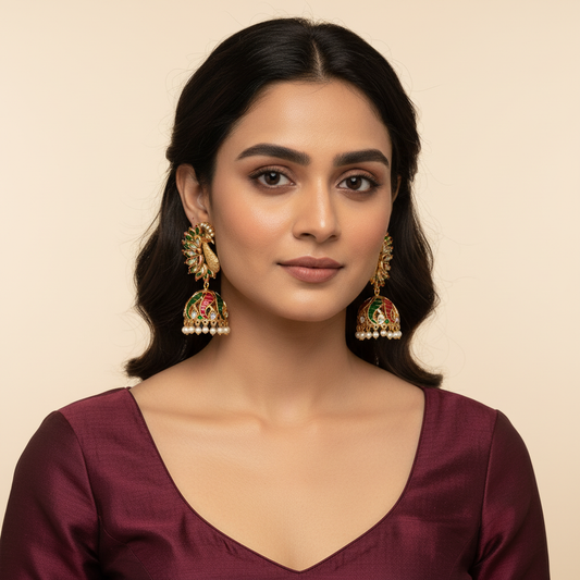 Ruby Green Peacock Meenakari Jhumka - Model