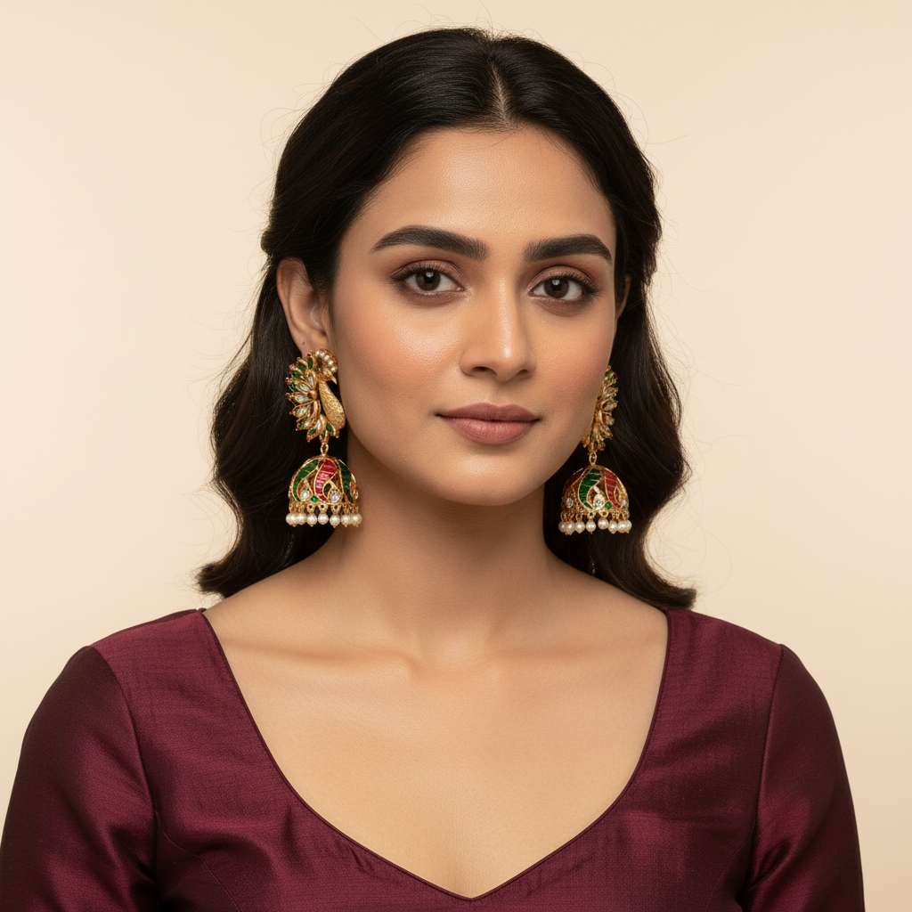 Ruby Green Peacock Meenakari Jhumka - Model